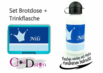 Brotdose Trinkflasche Pausenbox Lunchbox mit Namen Geschenk Schule Krone blau