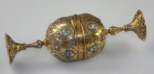 CALICE DOPPIA CALICE ARGENTO DORATO MAGISTRALE STILE RINASCIMENTALE HANAU 1880 circa - Foto 8 di 13
