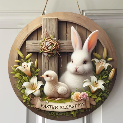 Easter Wreaths, Easter Wreath for Front Door, Wooden Easter Bunny Chick Decor Do