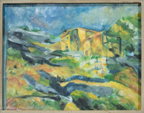 Impresionante pintura al óleo expresionista vintage de colorida casa de paisaje en la colina - Imagen 2 de 11