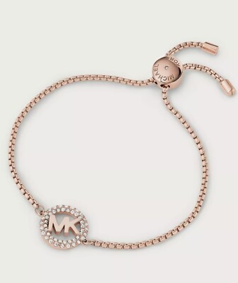 MICHAEL KORS Rose Gold Pave Logo Charm Slider Bracelet