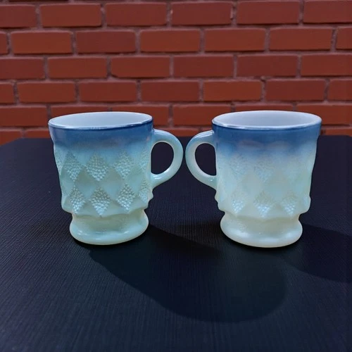 Vintage Anchor Hocking Kimberly Blue Diamond Point Coffee Cups Mugs