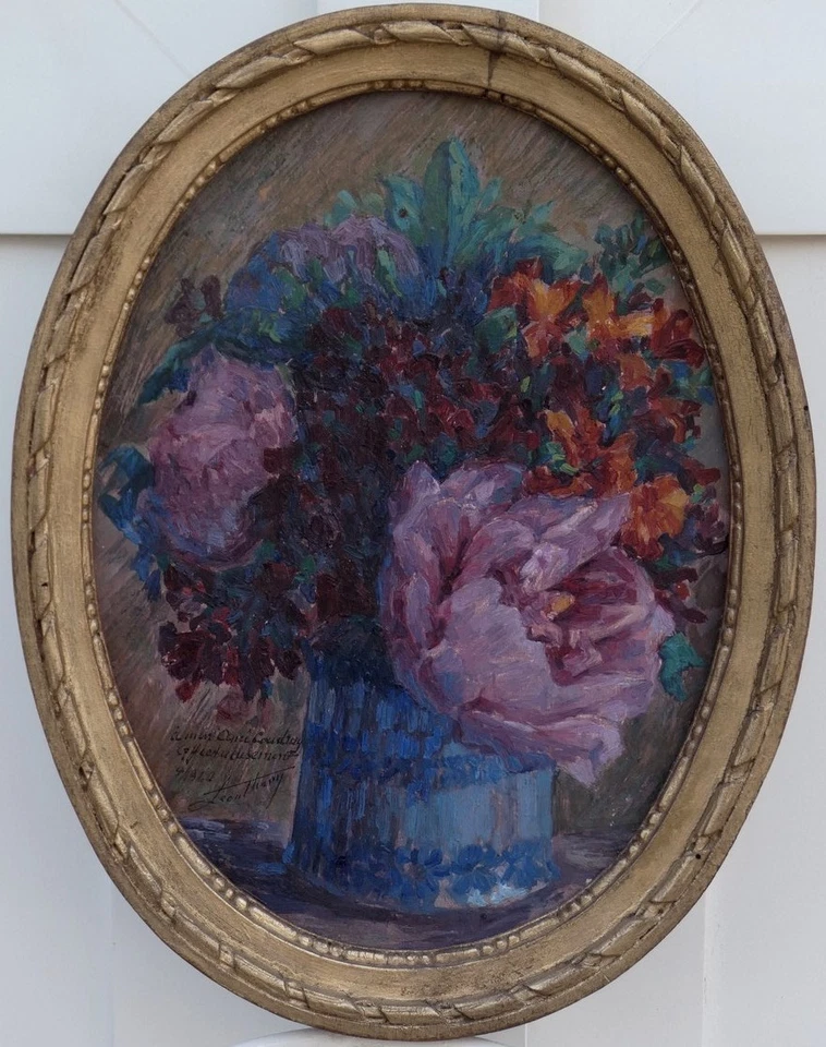 BEL IMPRESSIONNISTE 1920...BOUQUET DE FLEURS, PIVOINES & POT BLEU...SIGNÉ ? - Photo 3/4