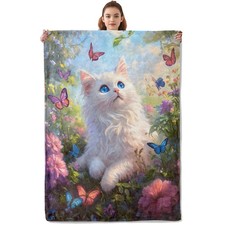 Cute White Cat Blanket Soft Lightweight Cozy Flannel Throw Plush Warm 60x50