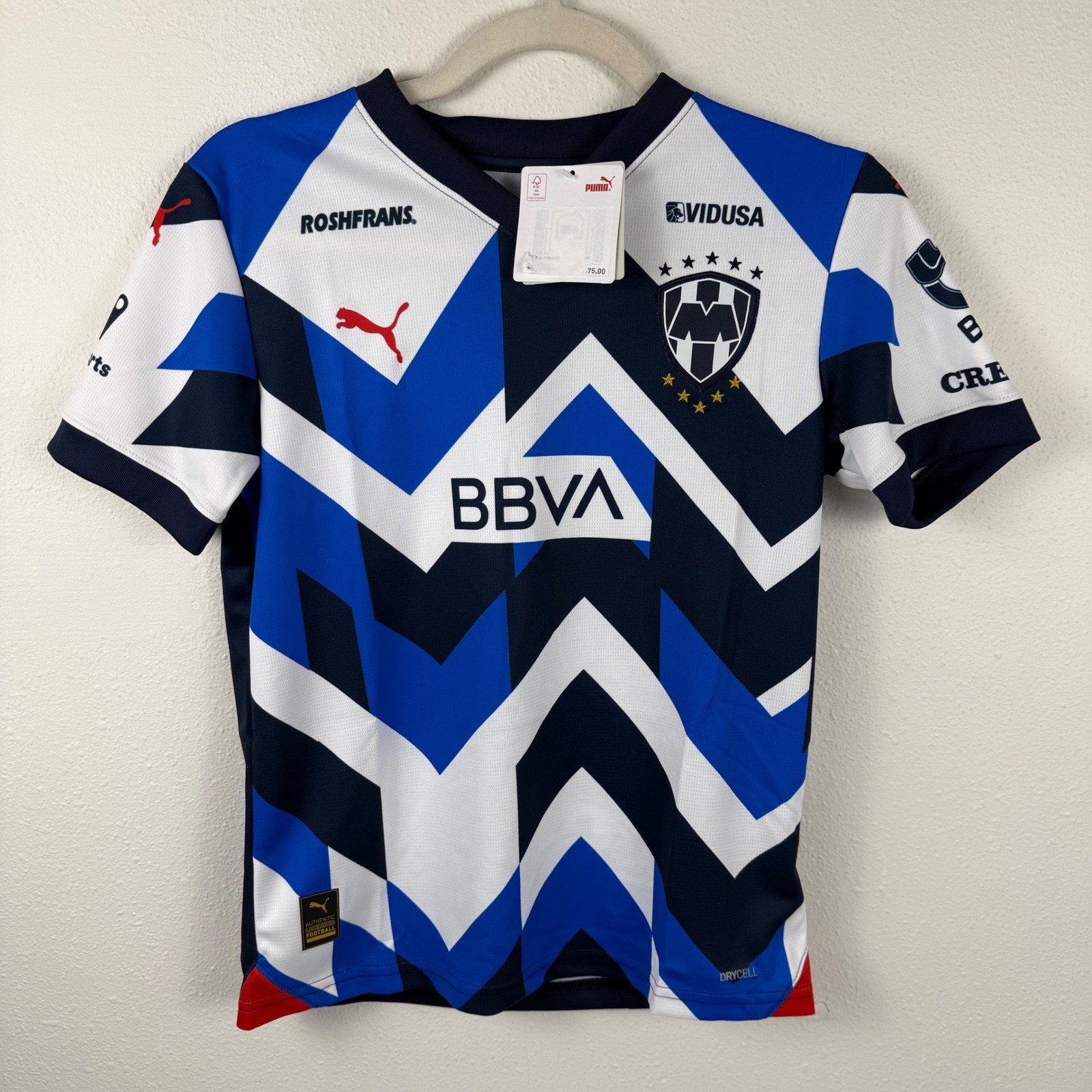 Puma Rayados de Monterrey Kids Soccer Jersey DryCell Blue White BBVA Authentic