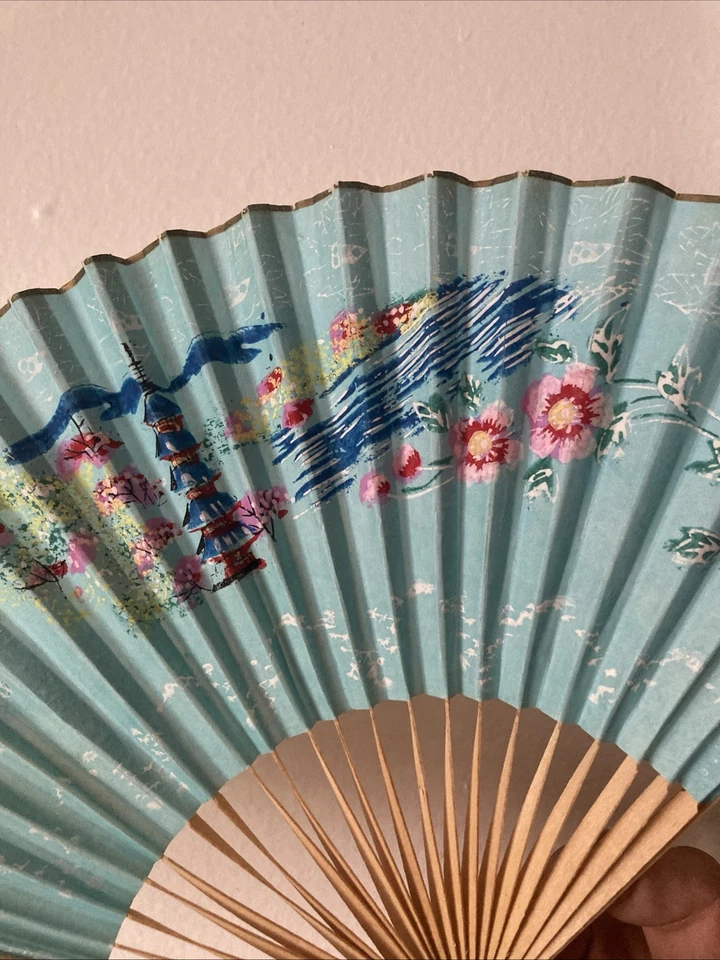 Ventiladores de mano de papel de madera florales vintage plegables 1940-1950 Japón RARO Foto 2 de 4