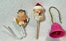 Vintage Pick and Present Tie-On Christmas Decorations - Santa, Angel, & Bell