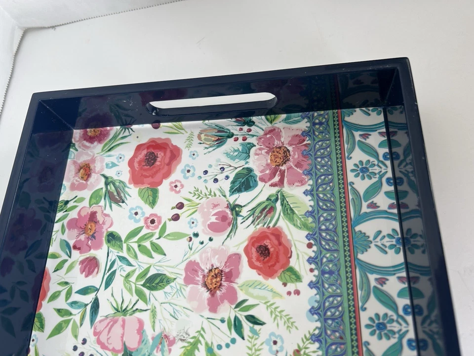 Michel Design Work Wooden Serving Vanity Tray Dark Blue Pink Flowers - Image 3 of 4