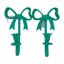 Green Bow Wall Hanging Candle Holders x2 Scones Kitch Pretty Vintage Style Cute