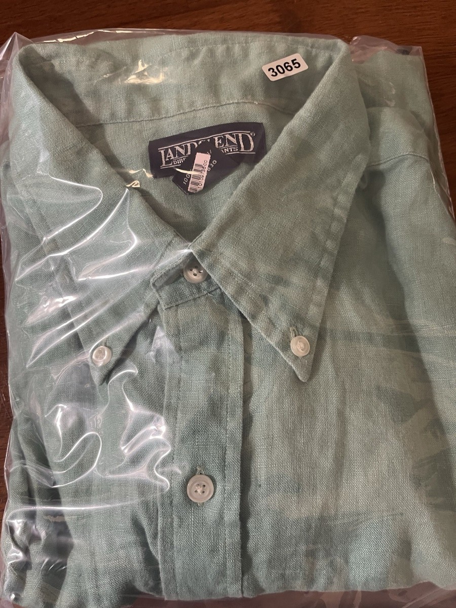 Vintage 90s Lands End 100% Linen Short Sleeve Shirt Mens L 16-16.5 