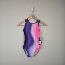 GK Elite Adult Size M AM Painted Sky Tank Leotard Purple Pink Ombre Scrunchie