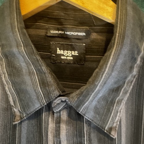 Haggar Men’s Dress Shirt Short Sleeve Size L Black Striped - Picture 4 of 10