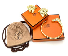 Authentic HERMES Cheval Horse Gold GP Bangle/Earrings SET2 W/Box 85g SK010269