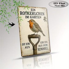 Blechschild Ein Rotkehlchen im Garten Gruß aus Himmel Metallschild TEL3869