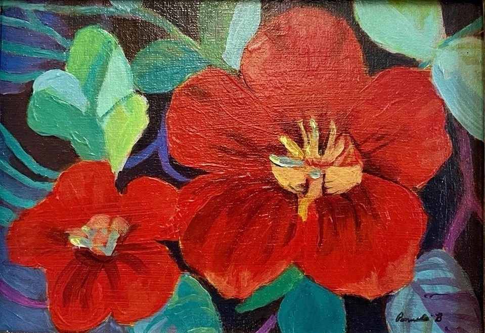 Pintura Original - Arte Flor de Capuchina - Flores Rojas 5x7 Marco Hoja de Oro Foto 3 de 4