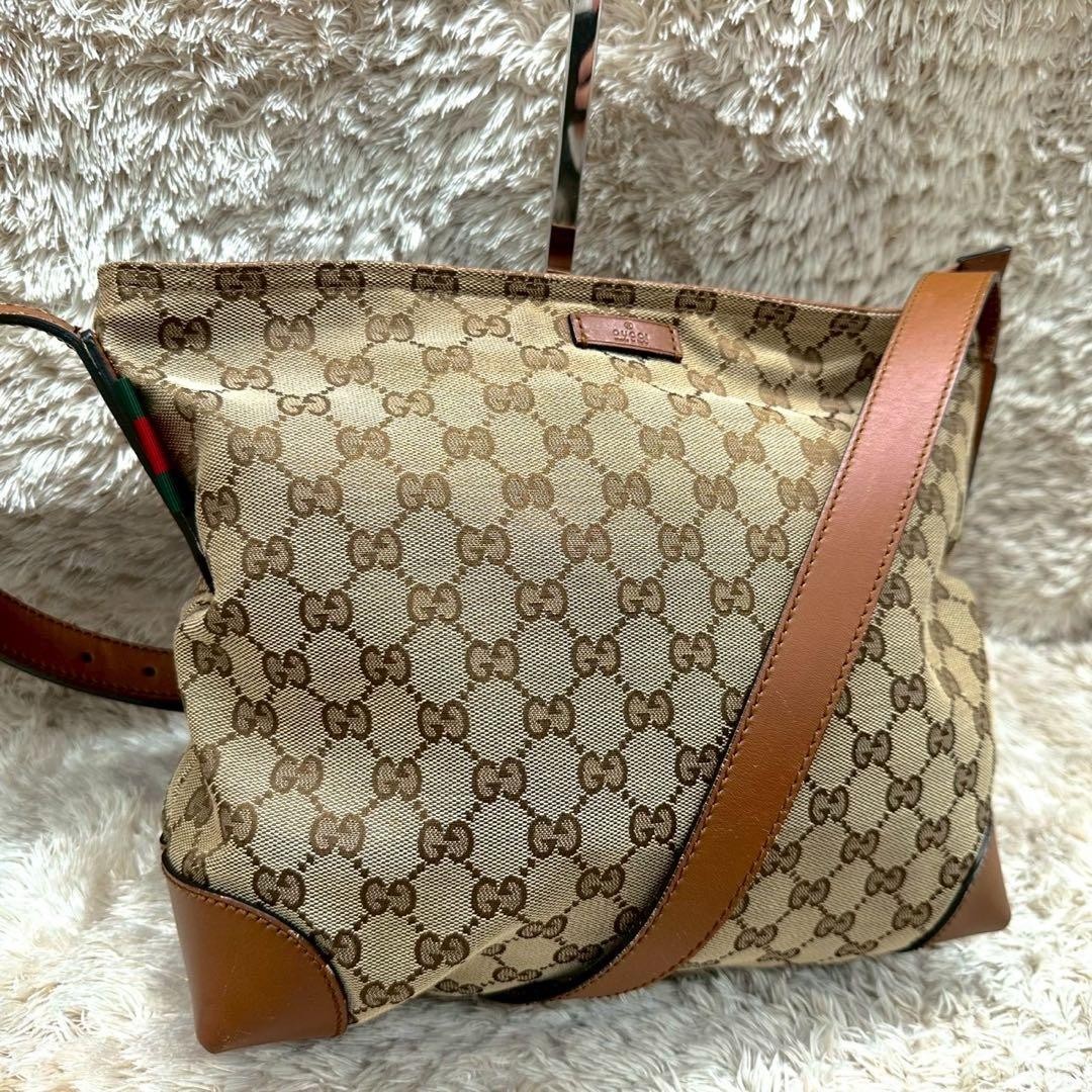 GUCCI GG Canvas Shoulder Bag Brown Leather Unisex Authentic Crossbody