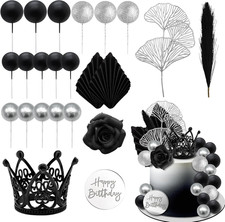 25Pcs Silver Black Balls Cake Topper Flower Crown Cake Decorations