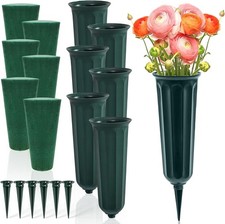 Goaste 6 Pack Cemetery Vases with Foam Inserts, Memorial Floral 1 inch, Green