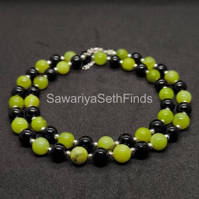 Green Jade Black Onyx 8mm Beaded Necklace, Minimalist Boho Gemstone Jewelry