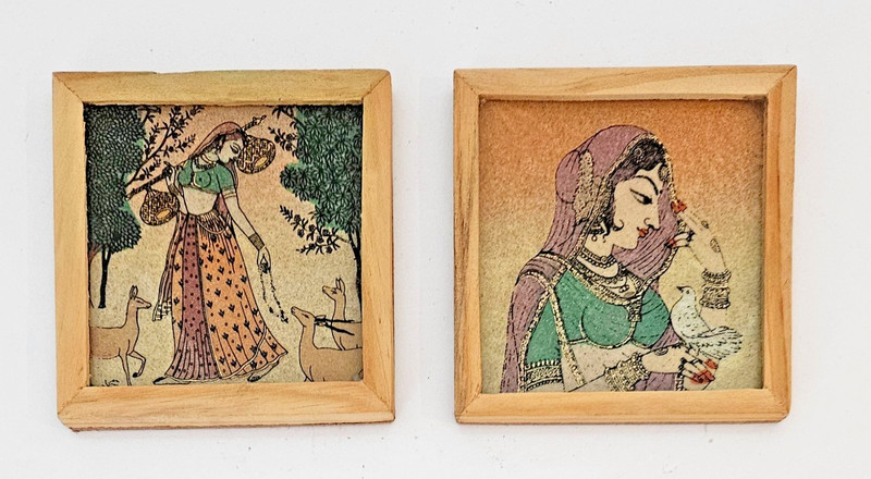 2 Small Ragamala India Reverse Paintings Wood Frame ~ Women Bird Deer Trees