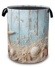 Large Laundry Basket,Beach Seashell Beach Seashell Starfish,Blue Wooden