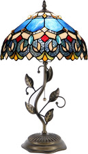 Stained Glass Tiffany Table Lamp with Metal Leaf Base - Blue Baroque Design