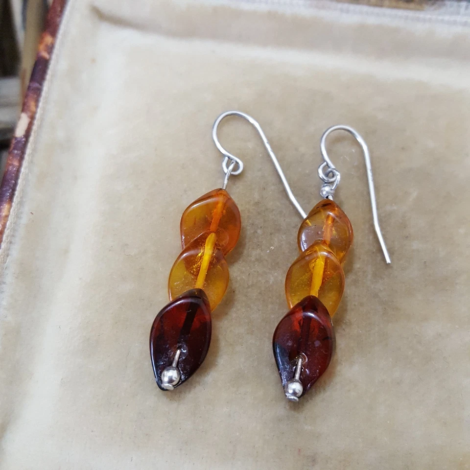 Vintage 925 Sterling Silver Earrings, Natural Multicoloured Baltic Amber Dangle - image 3 of 4