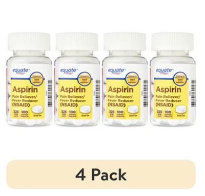 Equate Aspirin 325mg Pain Reliever/Fever Reducer Coated Tablets 100 Ct 4 Pack
