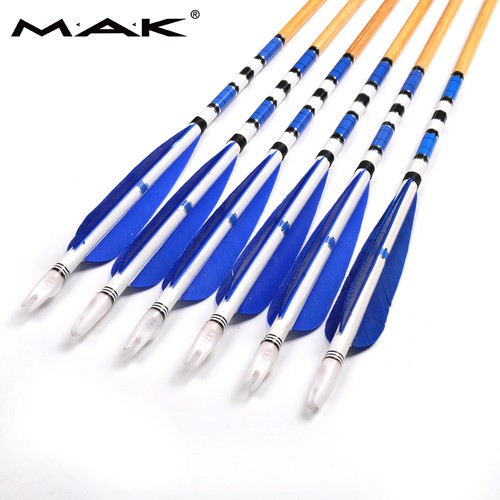 12Pcs Traditional Wooden Arrow W/ Turkeys Blue Real feather For Shooting Hunting - Picture 6 of 8