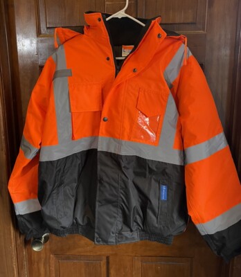 Reflective High Vis Winter Jacket, Detachable Hood, Safety Orange *NEW* L, 2XL