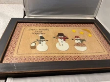 Wool felt applique framed glass  "Snow friends stick together" three  12x18”