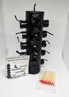 VELA 21 MECHAS NEGRA RITUALIZADA / CANDLE 21 WICKS ROMPE TRABAJOS LIMPIA CASAS