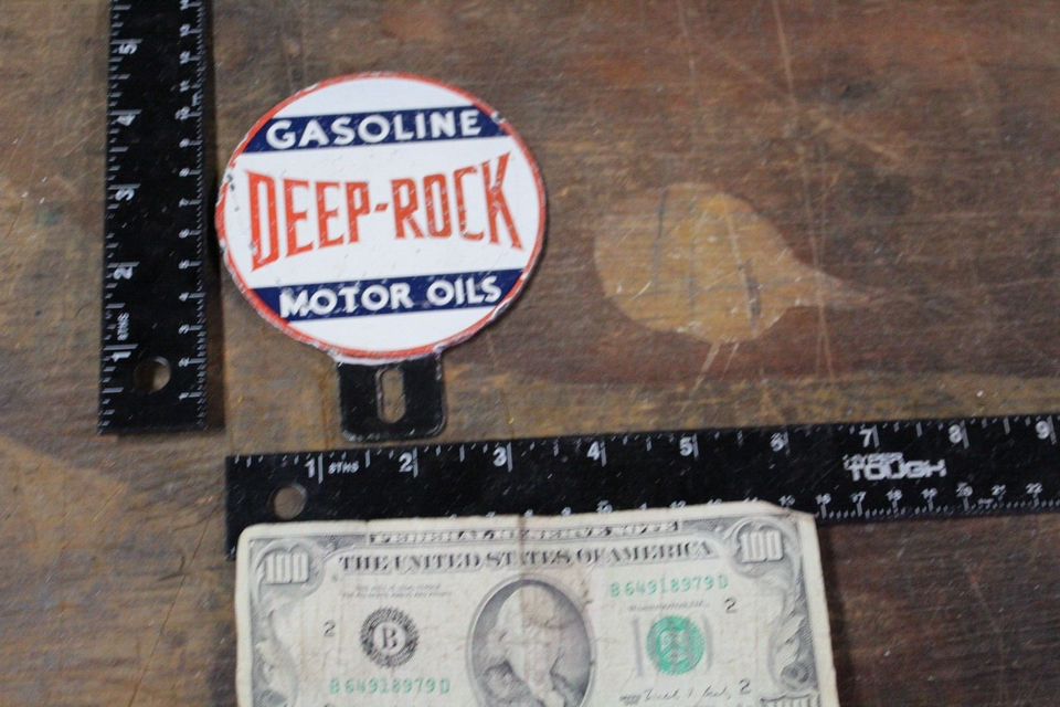 RARE DEEP ROCK MOTOR OILS GAS STATION 2PC PORCELAIN METAL TOPPER SIGN