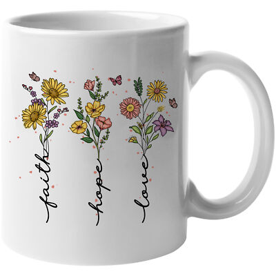 Coffee & Tea Mug, Faith Hope Love with Hand Drawn & Watercolor Flowers Art