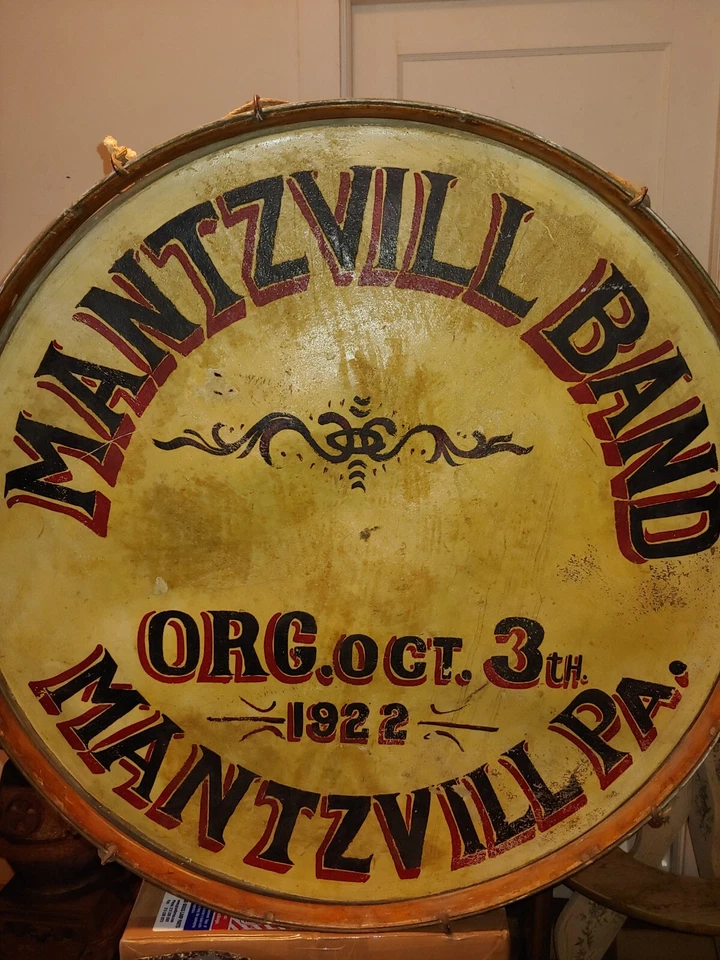 Tambor grande antiguo de 100 años, tambor Mantzville Pennsylvania Band, 33 pulgadas Alto Foto 3 de 4