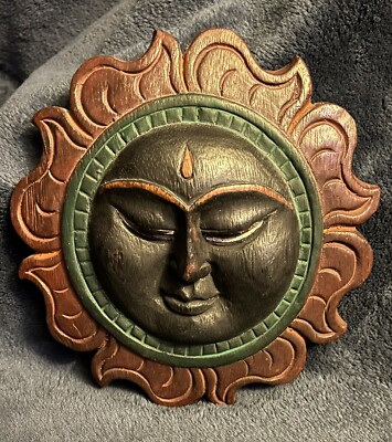 Southwestern Folk Art Hand Carved Painted Wood Sun Wall Plaque Decor 8.5 