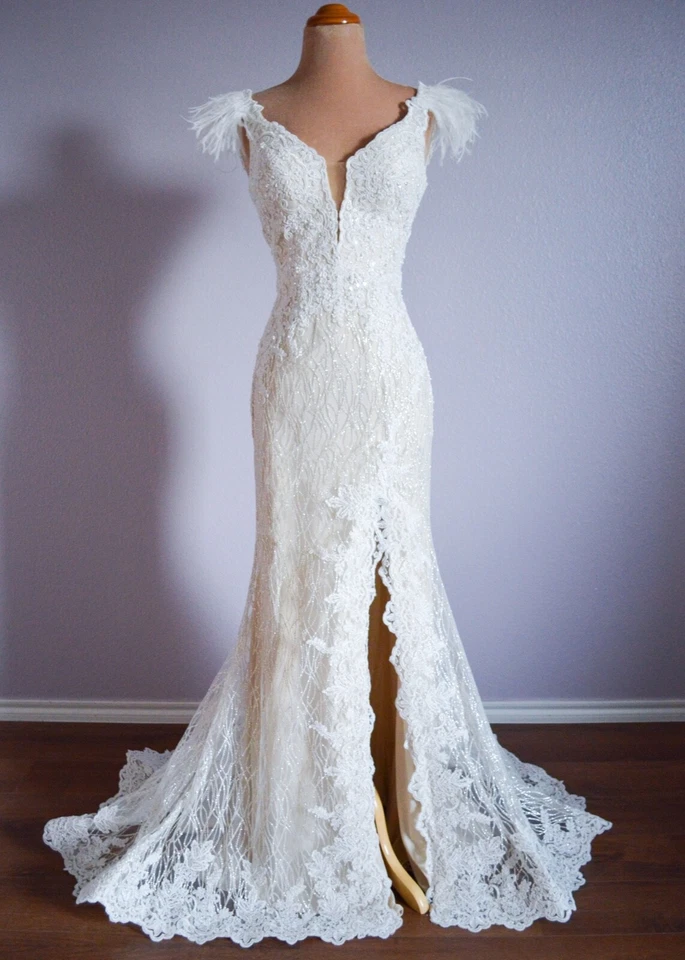 Blanco Largo Formal Baile de graduación Concurso Lentejuelas Pluma Noche Vestido de Boda 2/4 Foto 4 de 4