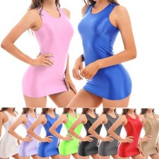 Womens Bodycon Tank Dress Oil Shiny Silky Mini Pencil Dress Sleeveless Clubwear