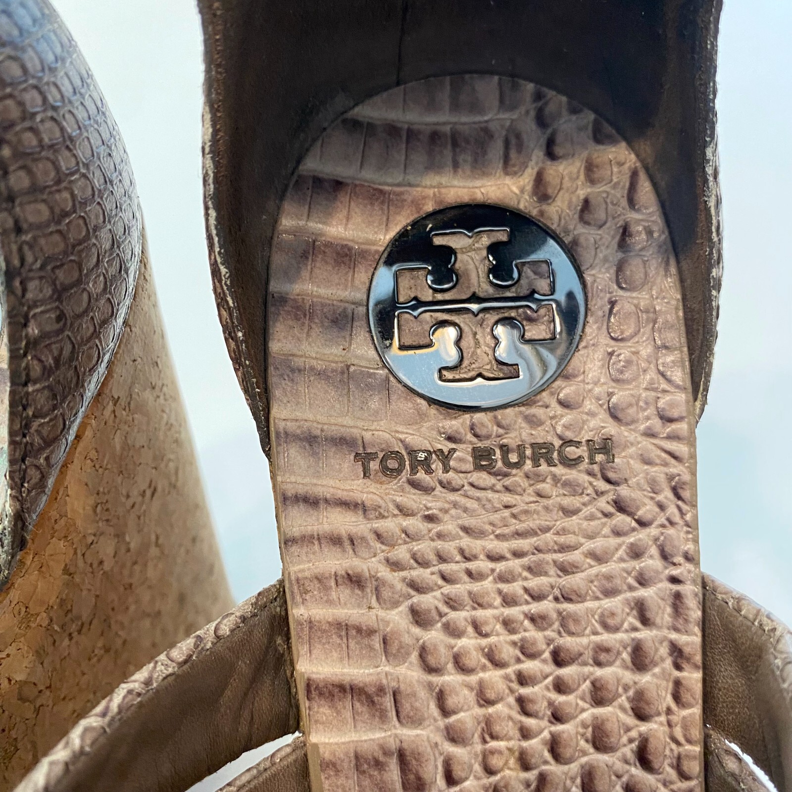 Tory Burch Taupe Python Embossed Leather Cork Wed… - image 10