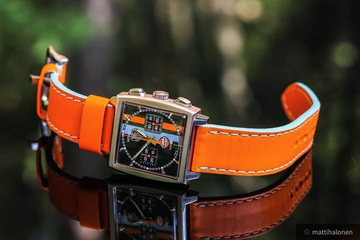 Relojes pulsera cuero genuino suave Handmade racing le mans Gulf Orange banda...