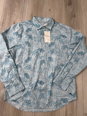 TOMMY BAHAMA Mosaic Blue Button-Down Shirt Digital Palms Chambray  M