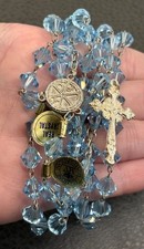Vintage Italy Vatican Museum Edition Aqua Blue Crystal Rosary Alpacca Silver 28  