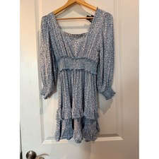 Angie Blue Floral Smocked Mini Dress Long Sleeve Tiered Ruffle Back Tie Small