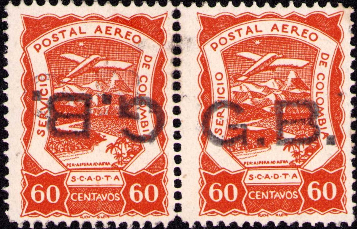 COLOMBIA - GREAT BRITAIN - SCADTA - 60c PAIR - ONE W/ INVERTED OVERPRINT - 1921