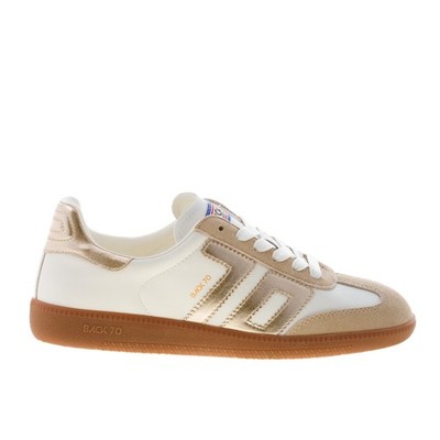 BACK 70 women shoes Cloud sneaker white leather light beige suede and gold