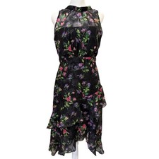 Adrianna Papell Black Floral Metallic Detail Ruffle Asymmetrical Dress 2
