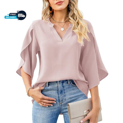 Women Chiffon Blouse V Neck Short Sleeve Loose Fit Summer Casual Top