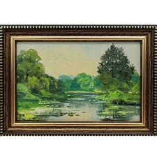 Summer Nature Oil Painting Lake Forest with Water Lilies 4x6 Signed Framed