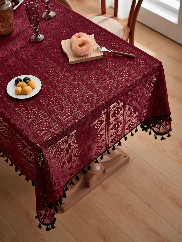 Vintage Burgundy Hand Crochet Lace Tablecloth Table Cover Wedding Party Decor - Image 2 of 4