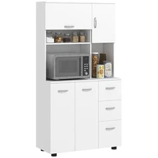 Freestanding Kitchen Storage Microwave Hutch Cupboard with 3 Cabinets, White
